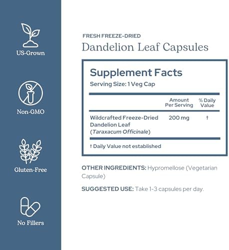 Eclectic Herb - Raw Freeze-Dried Dandelion Leaf Capsules | Supports Cleansing, Digestive Function & Heart Health | Natural Herbal Supplement | Organic, Non-GMO, Vegan, Whole Herb (90 CT | 200 mg)