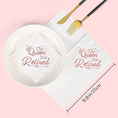 Retirement Party Decorations for Women - Happy Retirement Decorations Rose Gold Foil Cocktail Napkins 50 Pack,5"x 5" Folded, The Queen Has Retired