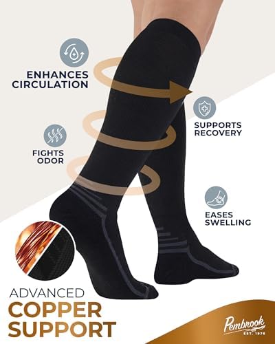 Pembrook 3 Pairs Copper Mens Compression Socks 20-30 mmHg, Running, Hiking, Athletic Cycling, Travel | Circulation Support