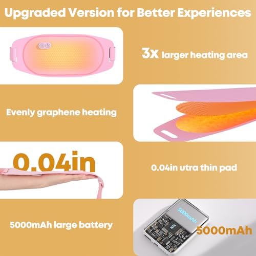 Portable Heating Pad for Cramps, Larger Heating Area Ultra Thin Cordless Electric Period Fast Heat Pad Back Pain Relief Menstrual Belt 3 Heat 5 Massage for Women Her Christmas Stocking Stuffers