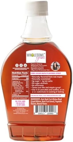 Wholesome Yum Zero Sugar Maple Syrup (Keto Maple Syrup) With Monk Fruit & Allulose - Natural Sugar Free Pancake Syrup - No Artificial Colors Or Flavors, Non GMO, Low Carb, Gluten-Free, Vegan (Plastic bottle - 12 fl oz)