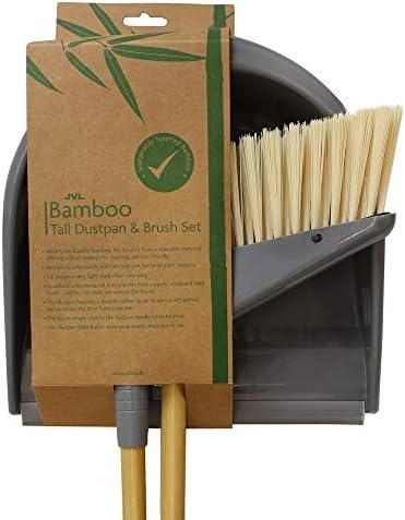 JVL Bamboo Long Handle Dustpan and Bristle Brush Set, Natural