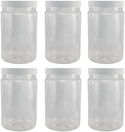 Pinnacle Mercantile Plastic Jars with Screw on Lined Lids 6 Pack 32 ounce Wide Mouth Food Storage Containers