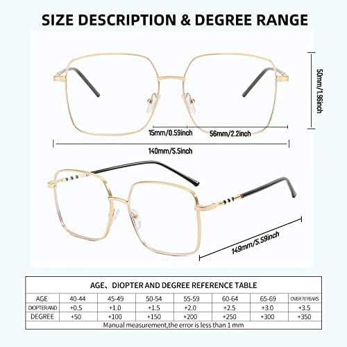 Oversized Square Metal Reading Glasses Women, Large Anti Blue Light Computer Reader, Anti Eyestrain Eyewear
