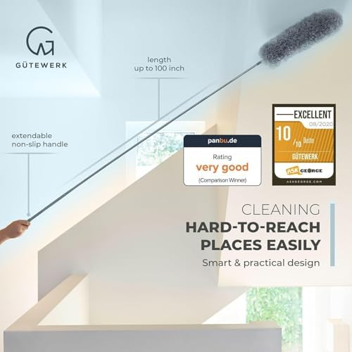 Extendable Feather Duster, Microfiber Duster, Ceiling Fan Duster, Feather Dusters for Cleaning, Dust Cleaner, Cobweb Duster - Electrostatic Bendable Head - up to 100 Inch