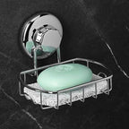 HASKO Suction Cup Soap Dish for Shower Wall, Rustproof Stainless Steel Shower Soap Holder for Bathroom with Hooks and Soap Saver, Includes Optional No Drill Adhesive Mount, Silver