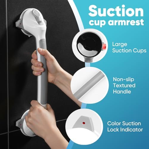 16.5 Inch Shower Grab Bars for Bathtubs, Suction Cup Grab Bar with Safety Indicators, Non-Slip Bathroom Support for Seniors & Elderly, Removable Tool-Free Installation, Portable Balance Handle, 2 Pack