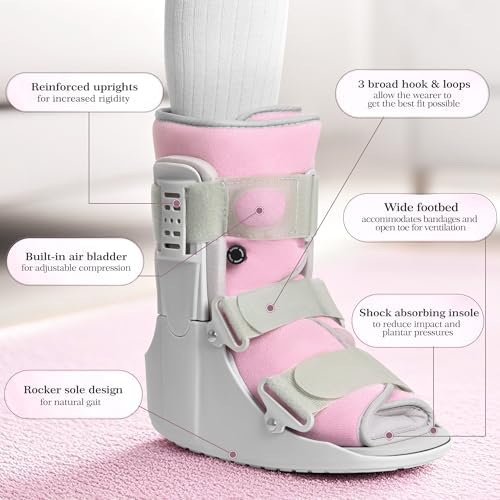 Jewlri Walking Boot for Broken Foot, Air Cam Walker Boot for Foot Injury Adjustable Fracture Support for Sprained Ankle, Grey Shell with Light Pink Lining for Women Medium