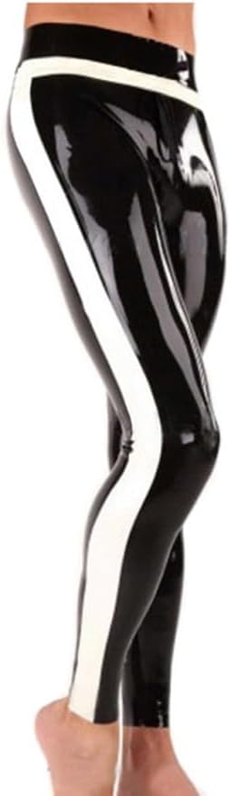 Men's Black Latex Leggings with White Side Stripes,Handmade Latex Pants,Suitable for Cosplay Novelty Latex Club Costumes
