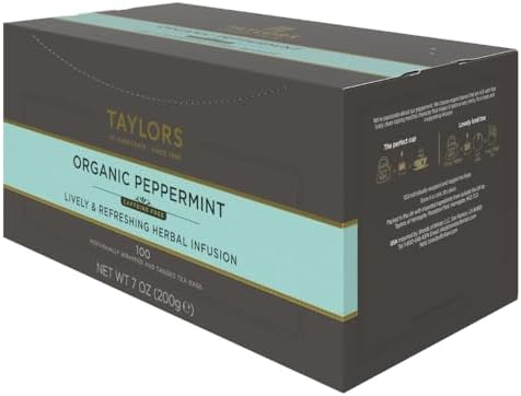 Taylors of Harrogate Organic Peppermint, Herbal Tea, Individually Wrapped Bags, 100 Count (Pack of 1), Clean, Pure and Refreshing, Caffeine-Free, Enjoy Hot or Iced, 100 Teabags