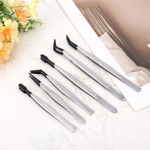6pcs Rubber Tip Tweezers, Long Tweezers Bent Pointed Tipped Hobby Tweezer for Crafts Jewelry Making Plastic Silicone Sticker Seed Stamp Collecting Entomology Mosaic Ear Nail Supplies