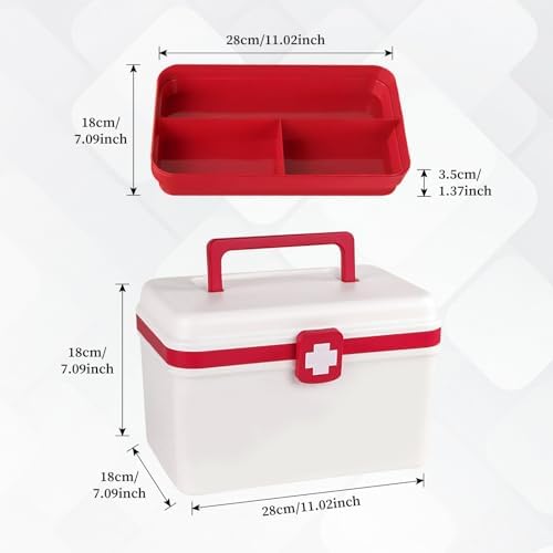 Medical First Aid Box with Handle and Detachable Tray, Double Layer Medicine Storage Case, Multipurpose Emergency Supplies Organizer for Home/Office/Travel/Car/Dorms