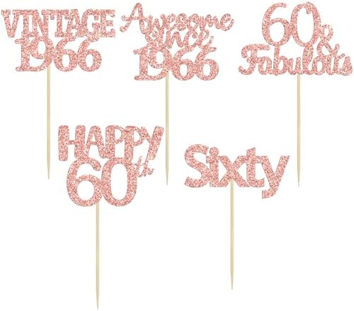 Gyufise 30Pcs Vintage 1966 Cupcake Toppers Glitter Sixty 60 Fabulous Happy 60th Birthday Cupcake Picks Cheers to 60 Years for 60th Birthday Anniversary Party Cake Decorations Supplies Rose Gold