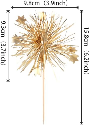 Rsstarxi 30 Pack Happy Birthday Cupcake Toppers Gold Firework Foil Cupcake Toppers Sparkle Tinsel Flower Drink Stirrers Cocktail Food Toothpicks for New Years Eve Christmas Party Cake Decorations