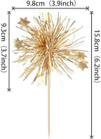 Rsstarxi 30 Pack Happy Birthday Cupcake Toppers Gold Firework Foil Cupcake Toppers Sparkle Tinsel Flower Drink Stirrers Cocktail Food Toothpicks for New Years Eve Christmas Party Cake Decorations