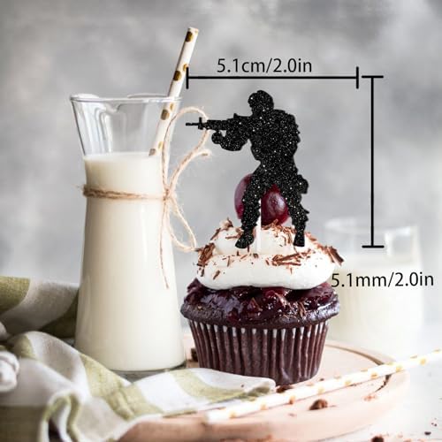 18pcs Black Glitter Silhouette Dessert Cupcake Topper for Military Soldier Theme Decor Supplies Baby Shower Boy Girl Happy Birthday Party Decorations
