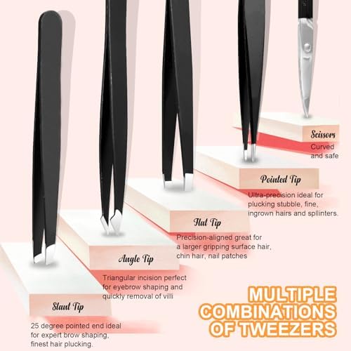 Yougai Tweezers and Nail Clippers Set,9 Pcs Professional Stainless Steel Tweezers Kit-Great Precision Tweezers with Curved Scissors and Eyebrow Razor for Daily Beauty Tools with Leather Travel Case