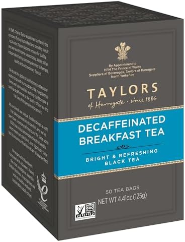 Taylors of Harrogate Decaffeinated Breakfast,Black Tea,Pillow Bags,Rich,Bright & Balanced,Decaffeinated,Enjoy Hot or Iced,50 Teabags,50 Count (Pack of 2)