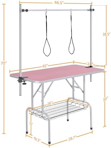 Yaheetech 46'' Pet Grooming Table for Large Dogs Adjustable Height - Portable Trimming Table Drying Table w/Arm/Noose/Mesh Tray Maximum Capacity Up to 265Lb -Pink