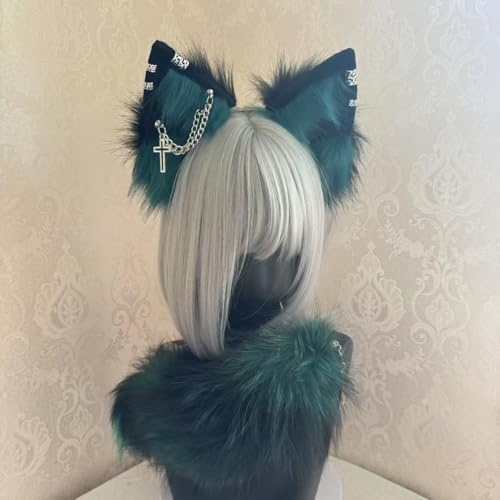 Cat Fox Wolf Ears and Tail Set - Cosplay Clips Headband and Tail for Halloween, Costume Accessories,Animal Party