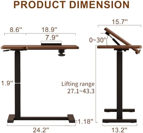 Solid Wood Overbed Bedside Table with Wheels, Tilting Adjustable Hospital Bed Table Over The Bed, Medical Mobile Laptop Stand, Rolling Standing Desk for Hospital and Home Use(Walnut)