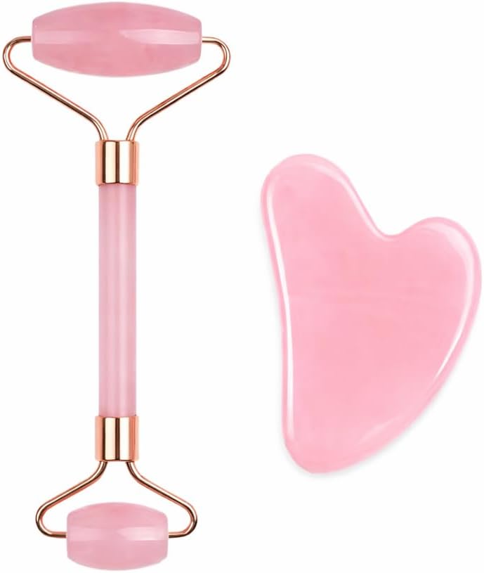 Natural Resin Jade Roller & Gua Sha Set for Face, Pink Facial Massage Tools, Wrinkle Lifting Skincare Roller, Daily Beauty Care