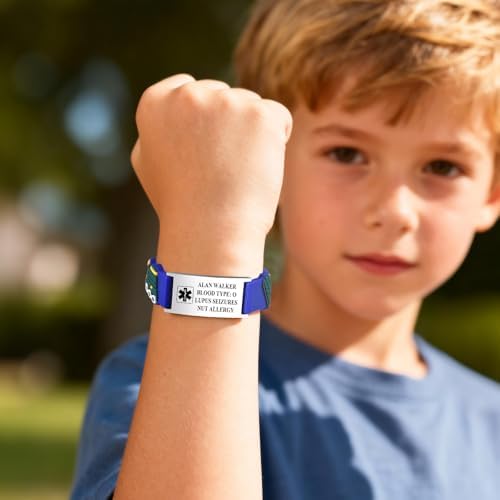 Gamtic Personalized Medical Alert Bracelet for Kids Customized Children Silicone Stainless Steel Bracelets Waterproof Engraved Bracelet Cute Safety ID Wristband for Toddler,Child,Daughter,Son
