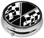 (Black White Formula Checkered Flags Pattern) Round Pill Box,3 Compartment Pill Box Mini Decorative Pocket Purse Portable Travel Medicine Tablet Vitamin Holder Organizer Pill Case