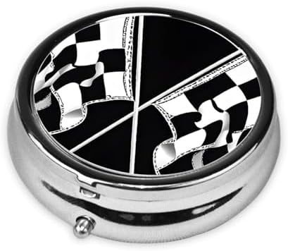 (Black White Formula Checkered Flags Pattern) Round Pill Box,3 Compartment Pill Box Mini Decorative Pocket Purse Portable Travel Medicine Tablet Vitamin Holder Organizer Pill Case