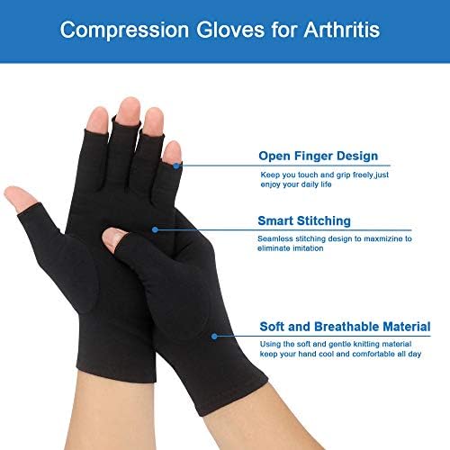 2-Pair Arthritis Compression Gloves for Alleviate Rheumatoid Osteoarthritis, Carpal Tunnel Raynauds Disease, Fingerless Design Breathable & Moisture, Women and Men (Black, Medium)