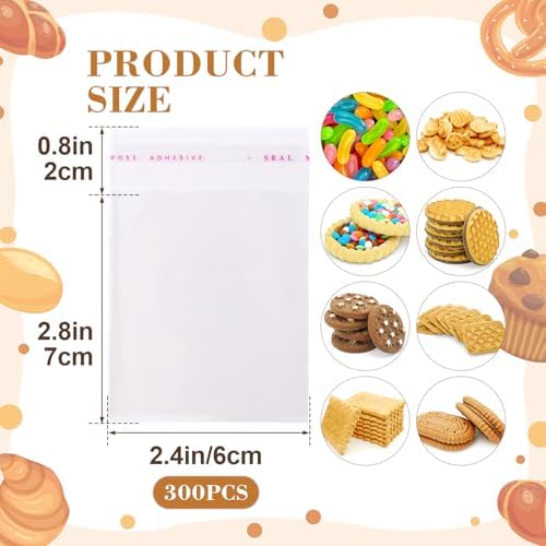 DC,CLISENCE 300 Pcs Self Sealing Cellophane Bags, 2.8"x2.4" Clear Candy Bags, Resealable Small Cellophane Bags, Cookie Bags with Seal for Cookie, Candy, Favors, Dessert