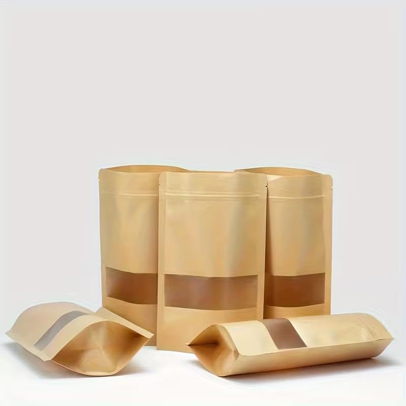 50PCS Kraft Paper Stand Up Pouch Bags Reusable Sealing Food Pouches with Transparent Window and Tear Notch Stand Up Gift Dried Food Fruit Tea Self Sealing Pouches (Brown）