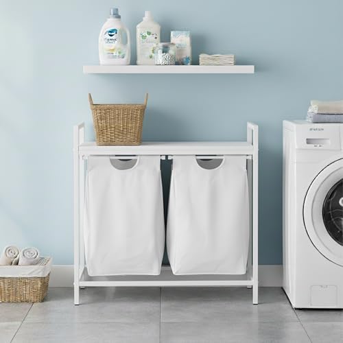 Relaxdays laundry sorter with 2 removable bags, includes shelf, HWD: 72 x 73 x 33 cm, metal basket, white/grey