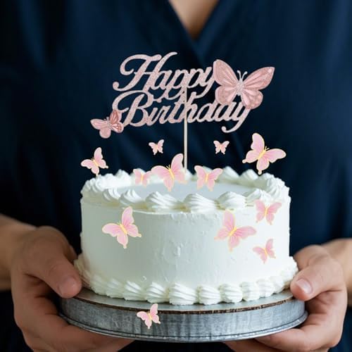 ALISSAR Rose Gold Happy Birthday Cake Topper Set, Butterfly Cake Topper and 16 Pieces Pink Butterfly Cupcake Toppers for Girls Women's Birthday Cake Party Decorations
