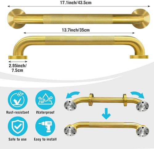 Shower Grab Bar for Bathroom, Anti-Slip Safety Grab Bar for Bathtub Toilet Staircase Stainless Steel Textured Grip Bath Handle Handrail for Elderly (Oil Bronze Gold, 16" L x 1-1/4" D)