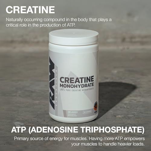 RAW Nutrition Creatine Monohydrate Powder, Unflavored (100 Servings) - Micronized Creatine Monohydrate Supplement for Workout Performance, Build Muscle & Strength - Creatine Powder for Men & Women