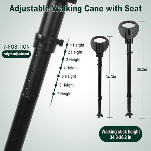 Adjustable Cane with Seat Folding Lightweight, Portable Cane Chair for Adults & Seniors, Walking Stick with Seat for Travel Hiking, with Cushion Carry Bag