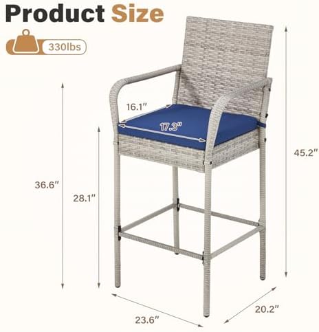 ECOTOUGE Set of 2 Patio Rattan Barstools, All-Weather Wicker Bar Height Chairs with Armrest & Backrest, Soft Cushion, Footrests, Outdoor Furniture for Backyard, Pool, Garden, Grey