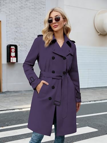 Betusline Women's Double Breasted Waterproof Trench Coat Classic Lapel Overcoat with Belt
