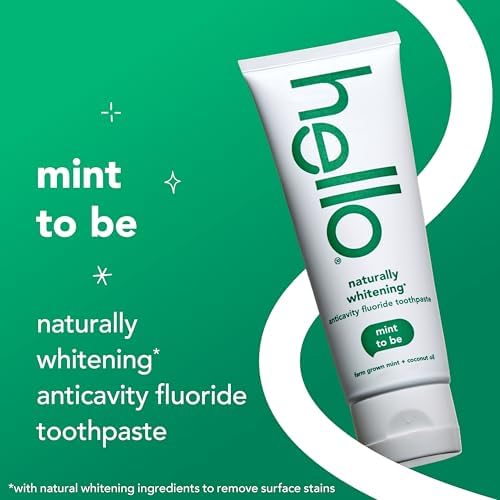Hello Naturally Whitening Anticavity Fluoride Toothpaste, 5 Oz Tube, Natural Whitening Toothpaste with Coconut Oil, Whitens Naturally and Helps Remove Surface Stains, SLS Free, Vegan, Mint, 3 Pack