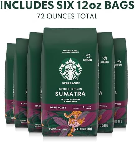 Starbucks Ground Coffee, Dark Roast Hot or Iced Coffee, Single-Origin Sumatra, Six 12 oz Bags