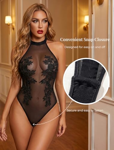 Girece Sexy Lingerie for Women Sheer Mesh Halter Bodysuit with Snap Crotch Backless One Piece Teddy Lingerie