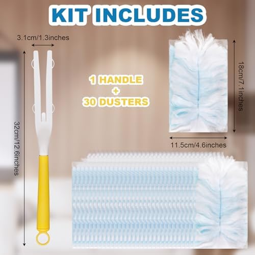 30 pcs Duster Refills Heavy Duty Disposable 180° Dusters Kit Electrostatic Multi-Surface Replacement with 1 Handle for Cleaning Kitchen Blue