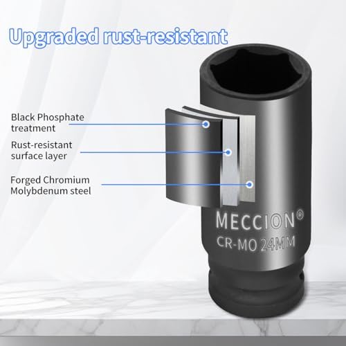 Meccion 1/2 Inch Drive Impact Socket 1-1/16 inch SAE, 6 Point Cr-Mo Deep Impact Socket, 78mm Length