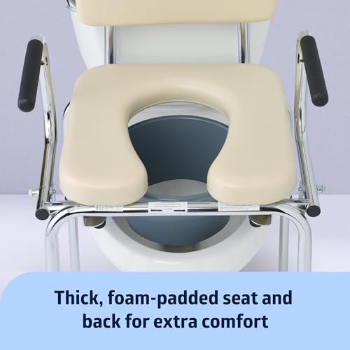 Medline Drop Arm Commode with Padded Seat and Backrest, Durable Toilet Chair for Adults and Seniors, Removable Pail, Splash Guard, Drop Down Arms for Easy Transfer, 350 lb. Weight Capacity, Tan