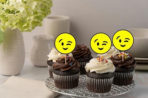 Emoji Cupcake Topper - 24Pack Yellow Winking Face Cupcake Picks, 1st Birthday Cupcake Decor (Winking Face)