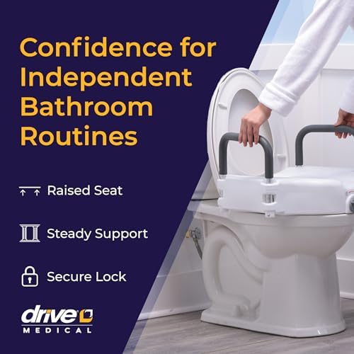 Drive Medical 2-in-1 Raised Toilet Seat with Removable Padded Arms - Elevated Bathroom Safety Support - Secure Locking Attachment - Easy Height Assistance - Durable Construction, Standard Toilets