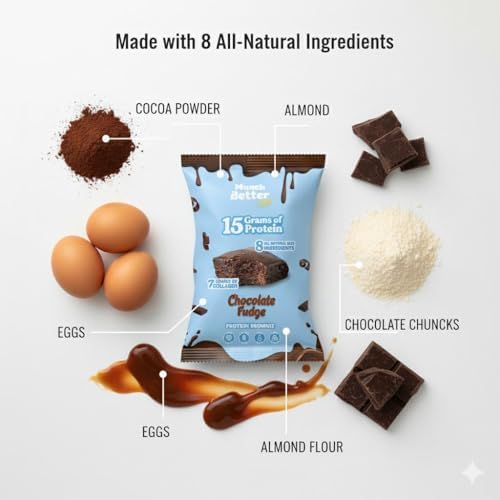 Munch Better Chocolate Fudge Protein Brownies – 15g Protein, Soft & Chewy, Gluten-Free, Low Sugar, Individually Wrapped, Clean Ingredients – 12 Count Box, Perfect Anytime Snack