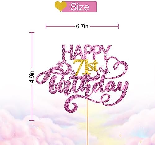 Pink Glitter Happy 71st Birthday Cake Topper, 1 x 6.3" x 3.5" Pink Glitter Cardboard & Wooden Stick, Perfect for 71st Birthday Parties