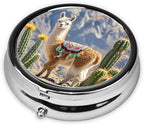 Portable 3-Compartment Pill Box â€“ Round Daily Medicine Organizer for Pocket or Purse, Llama Cactus Ideal for Morning, Noon & Evening Doses